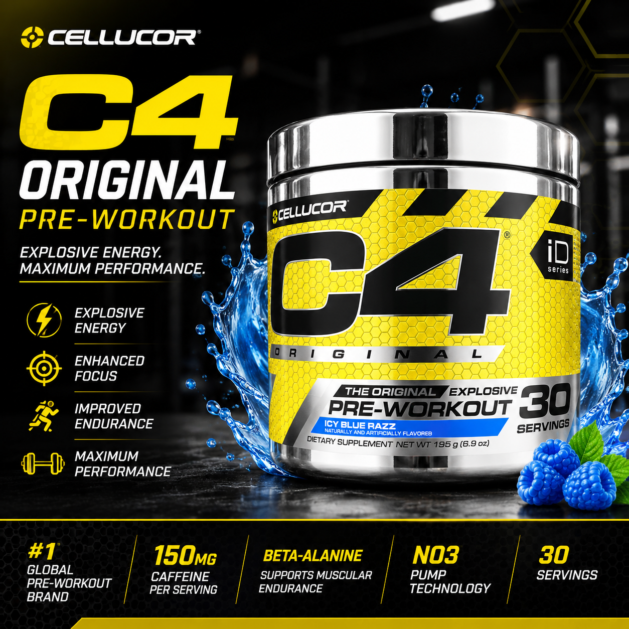 C4 Original Pre-Workout – Icy Blue Razz | 30 Servings