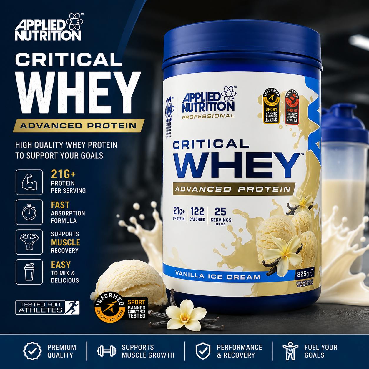 Applied Nutrition Critical Whey Protein – Vanilla Ice Cream (825g)