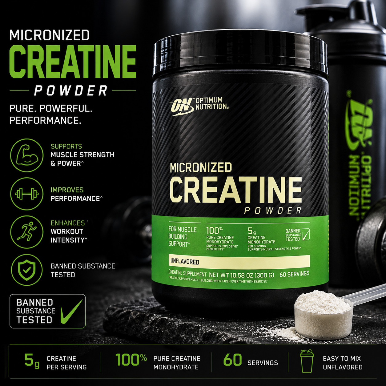 Optimum Nutrition Micronized Creatine Powder 300g – 60 Servings